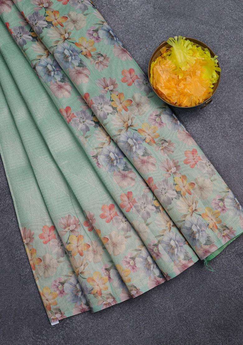 Tissue Saree Teal Green Shade With Allover Zari Weaves And Floral Digital Printed Border For Women - Indya