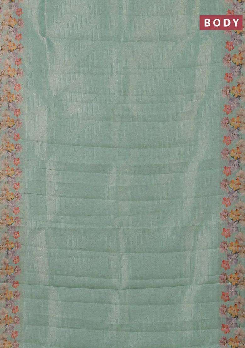 Tissue Saree Teal Green Shade With Allover Zari Weaves And Floral Digital Printed Border For Women - Indya
