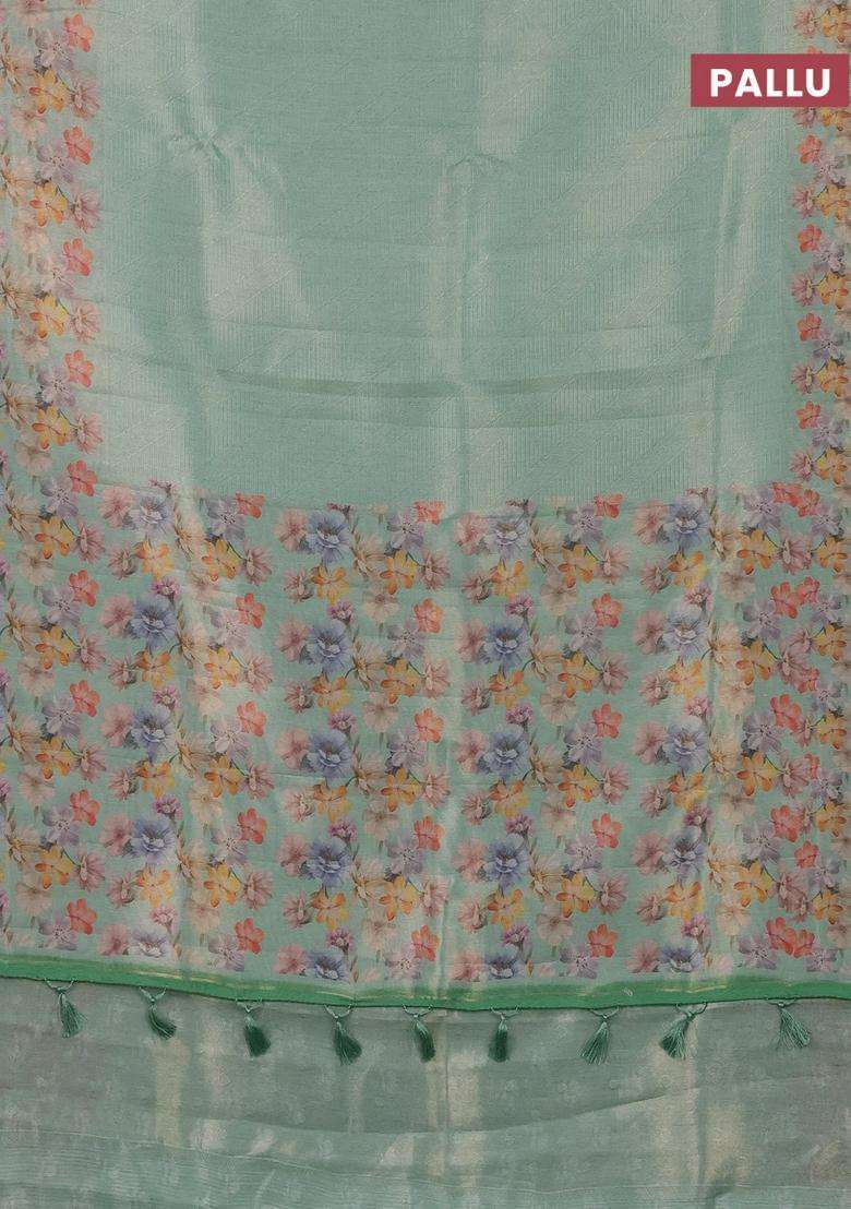 Tissue Saree Teal Green Shade With Allover Zari Weaves And Floral Digital Printed Border For Women - Indya