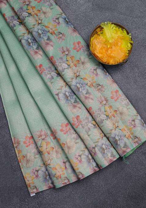 Tissue Saree Teal Green Shade With Allover Zari Weaves And Floral Digital Printed Border For Women