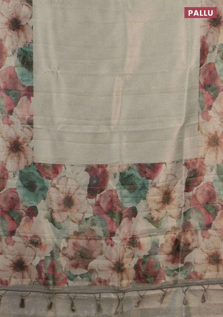 Tissue Saree Beige With Allover Zari Weaves And Floral Digital Printed Border For Women - Indya