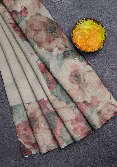 Tissue Saree Beige With Allover Zari Weaves And Floral Digital Printed Border For Women