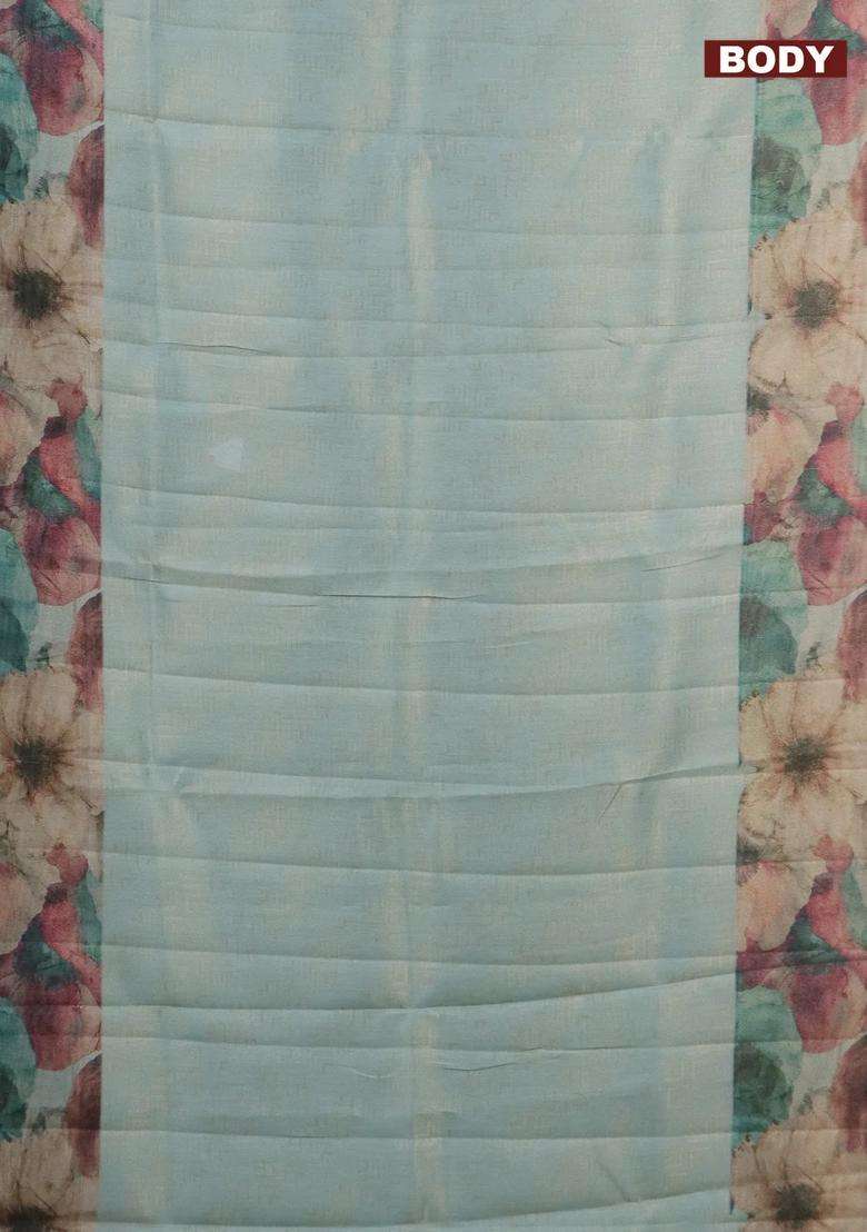 Tissue Saree Teal Blue With Allover Zari Weaves And Floral Digital Printed Border For Women - Indya