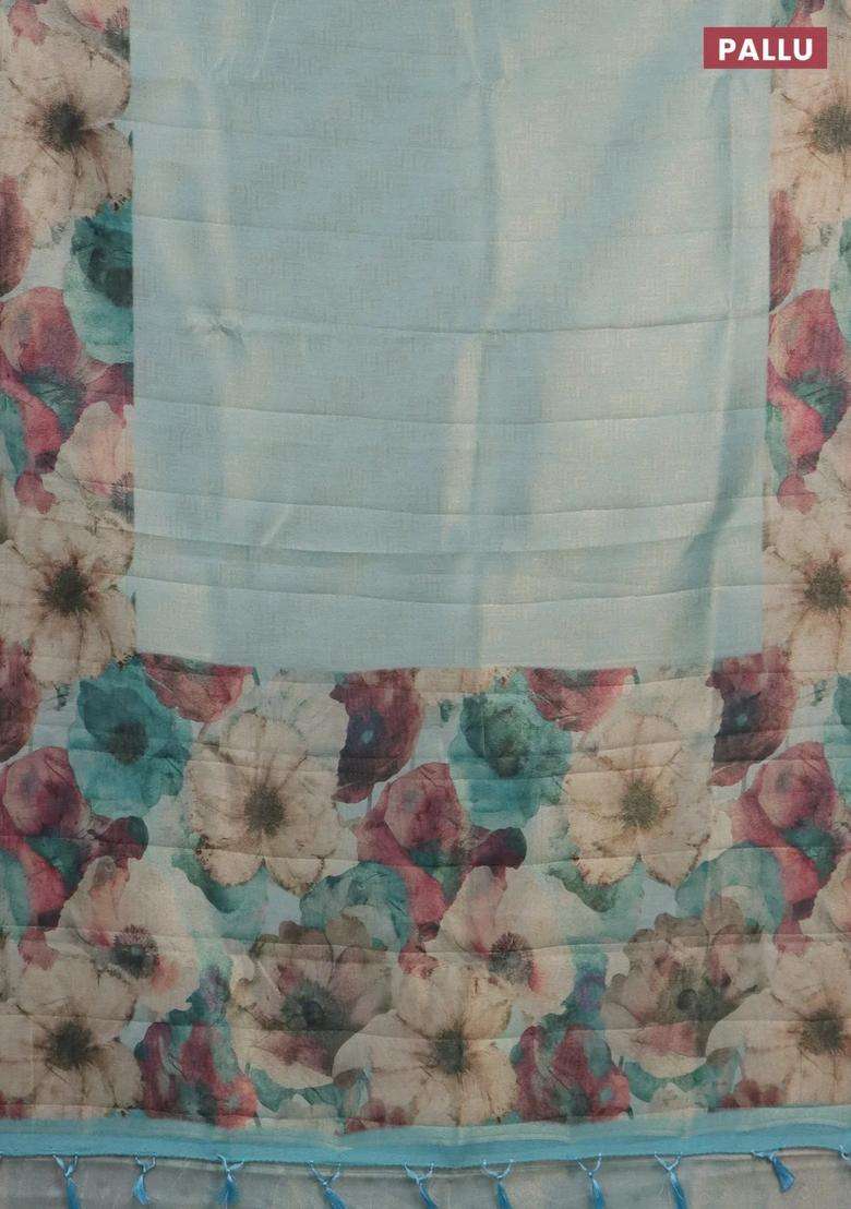 Tissue Saree Teal Blue With Allover Zari Weaves And Floral Digital Printed Border For Women - Indya