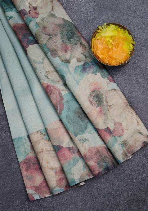 Tissue Saree Teal Blue With Allover Zari Weaves And Floral Digital Printed Border For Women