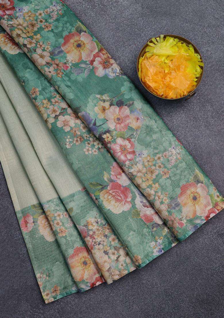 Tissue Saree Pastel Green And Green With Allover Zari Weaves And Floral Digital Printed Border For Women - Indya