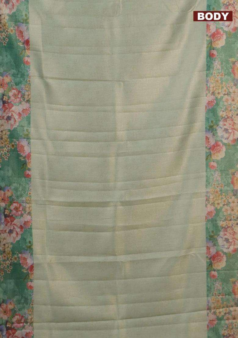 Tissue Saree Pastel Green And Green With Allover Zari Weaves And Floral Digital Printed Border For Women - Indya