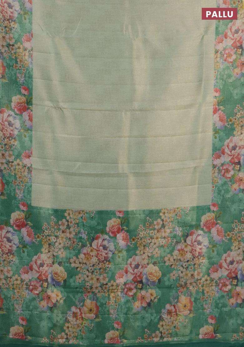 Tissue Saree Pastel Green And Green With Allover Zari Weaves And Floral Digital Printed Border For Women - Indya