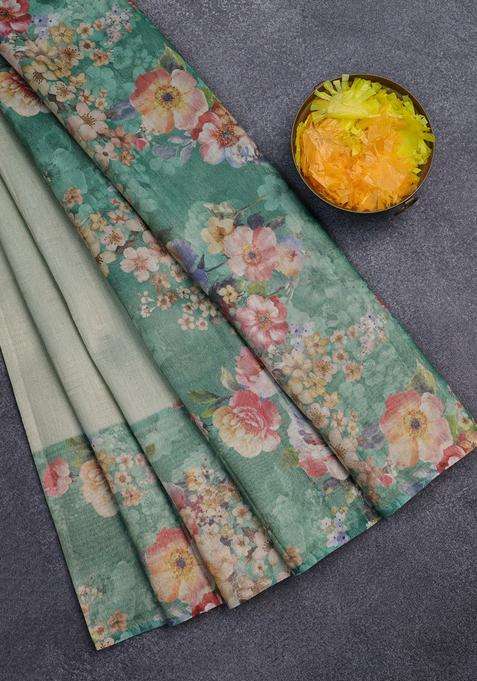 Tissue Saree Pastel Green And Green With Allover Zari Weaves And Floral Digital Printed Border For Women