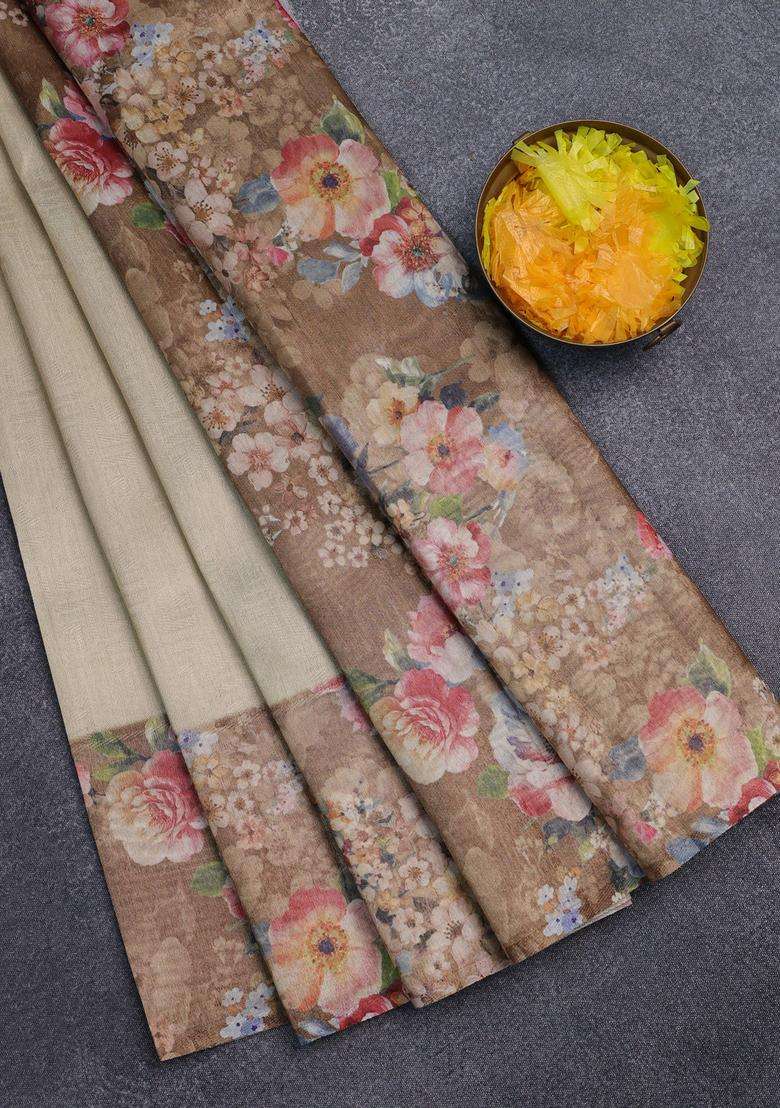 Tissue Saree Sandal And Brown With Allover Zari Weaves And Floral Digital Printed Border For Women - Indya