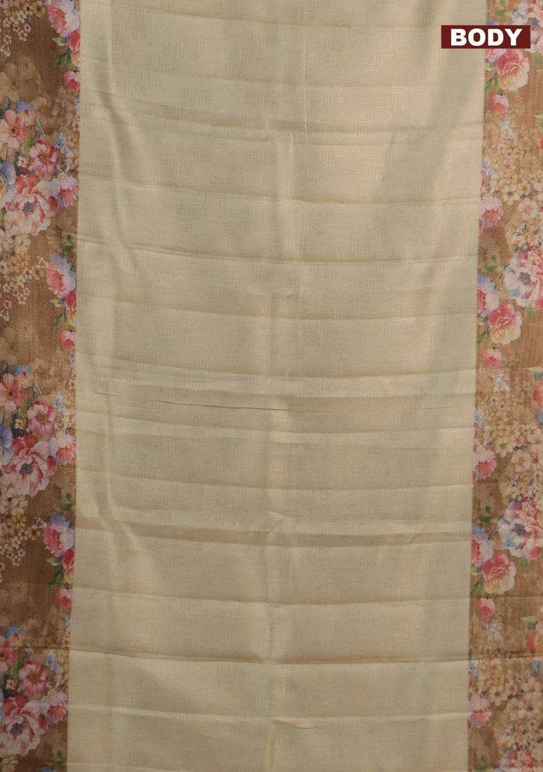 Tissue Saree Sandal And Brown With Allover Zari Weaves And Floral Digital Printed Border For Women - Indya