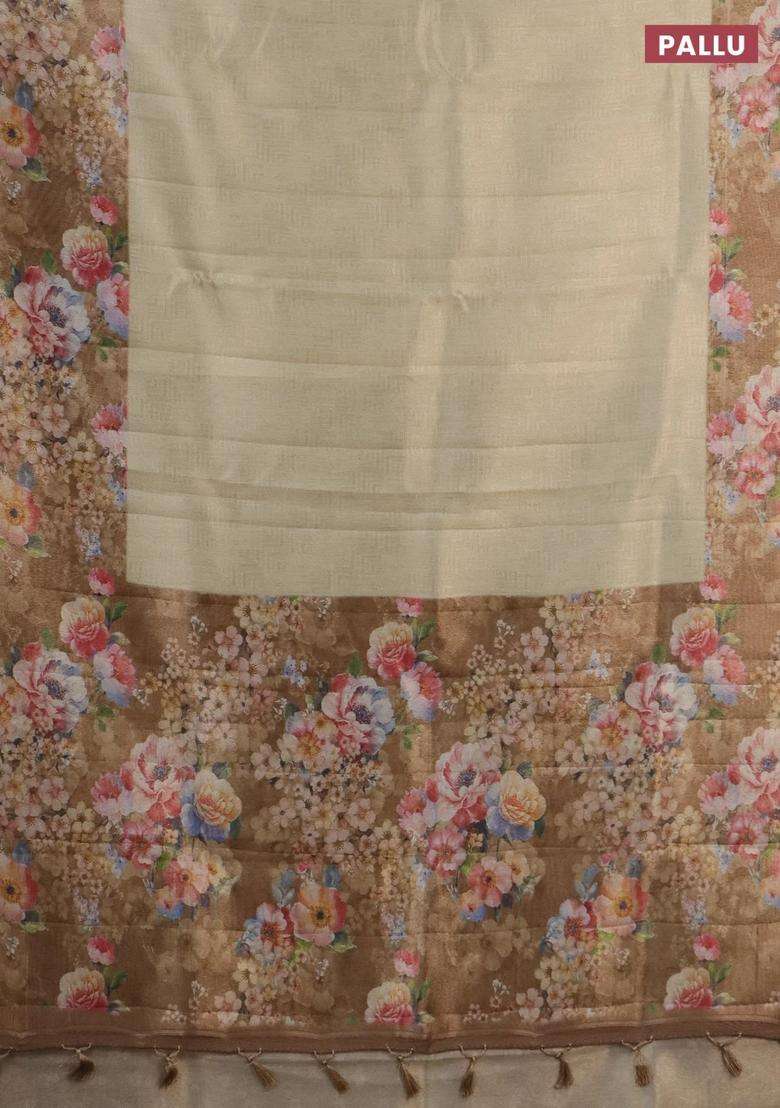 Tissue Saree Sandal And Brown With Allover Zari Weaves And Floral Digital Printed Border For Women - Indya