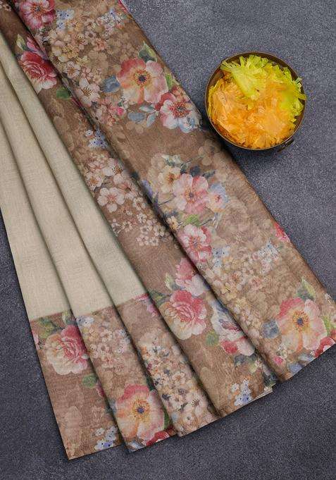 Tissue Saree Sandal And Brown With Allover Zari Weaves And Floral Digital Printed Border For Women