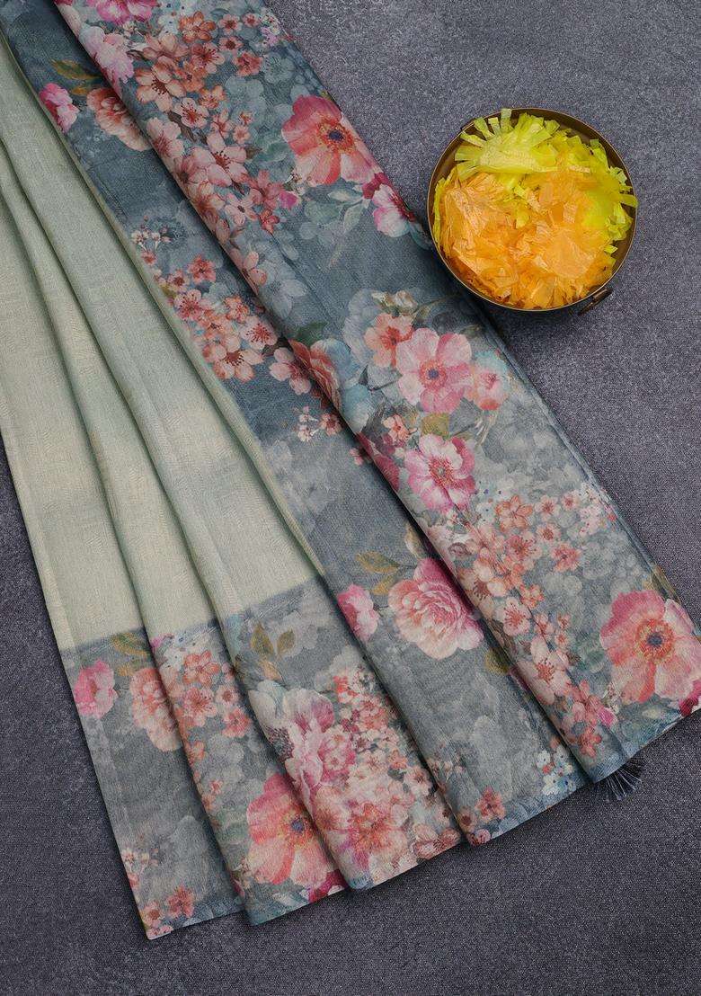 Tissue Saree Pista Green And Grey With Allover Zari Weaves And Floral Digital Printed Border For Women - Indya