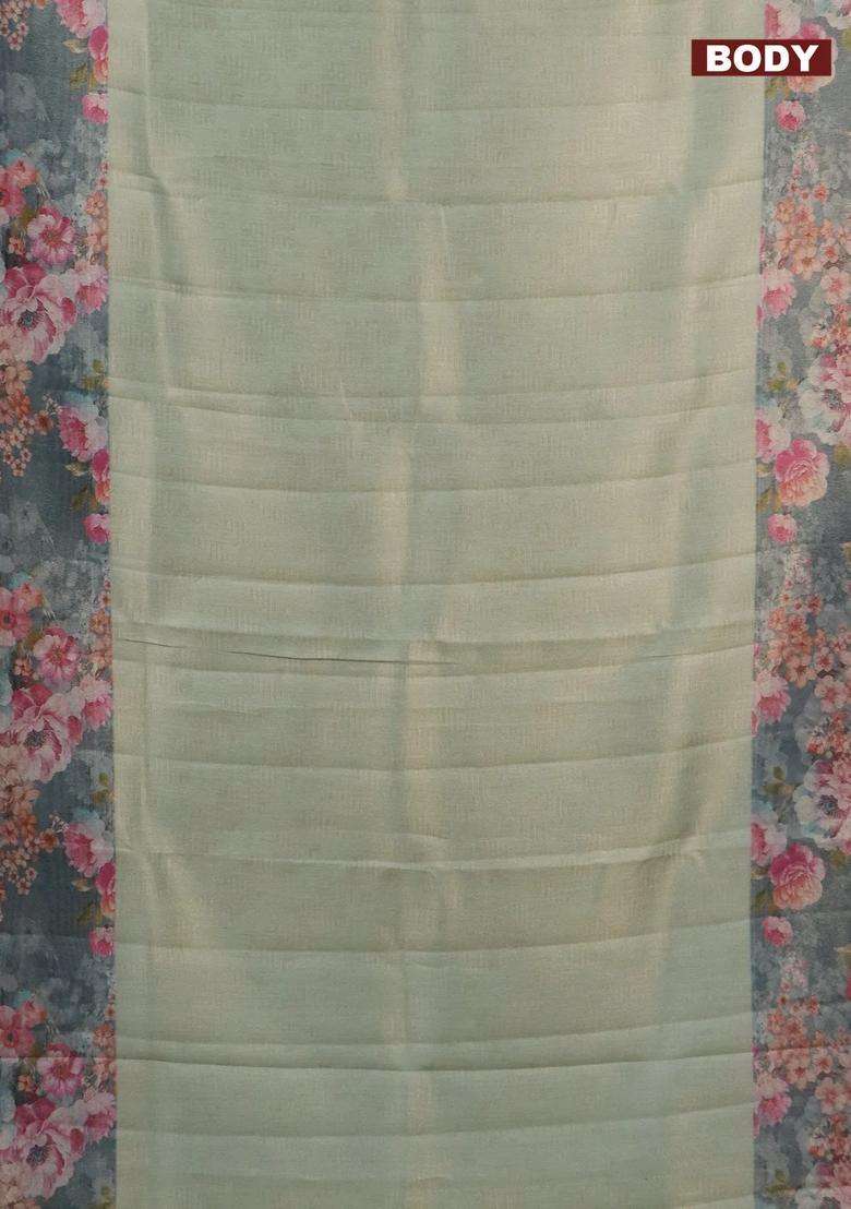 Tissue Saree Pista Green And Grey With Allover Zari Weaves And Floral Digital Printed Border For Women - Indya