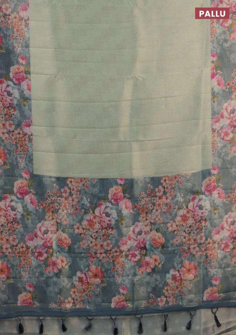 Tissue Saree Pista Green And Grey With Allover Zari Weaves And Floral Digital Printed Border For Women - Indya