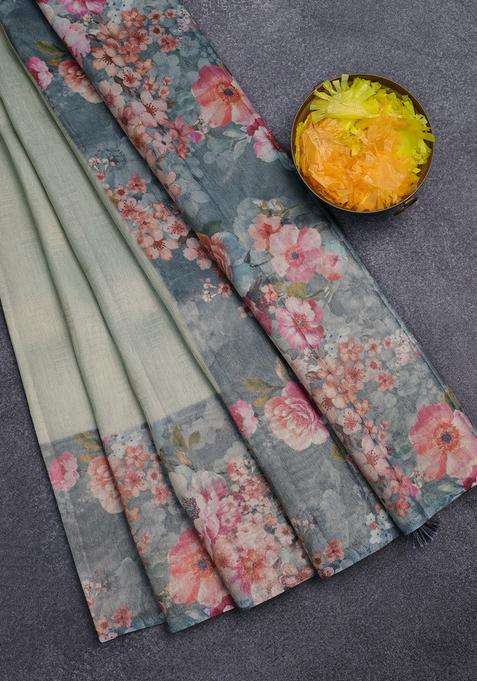 Tissue Saree Pista Green And Grey With Allover Zari Weaves And Floral Digital Printed Border For Women