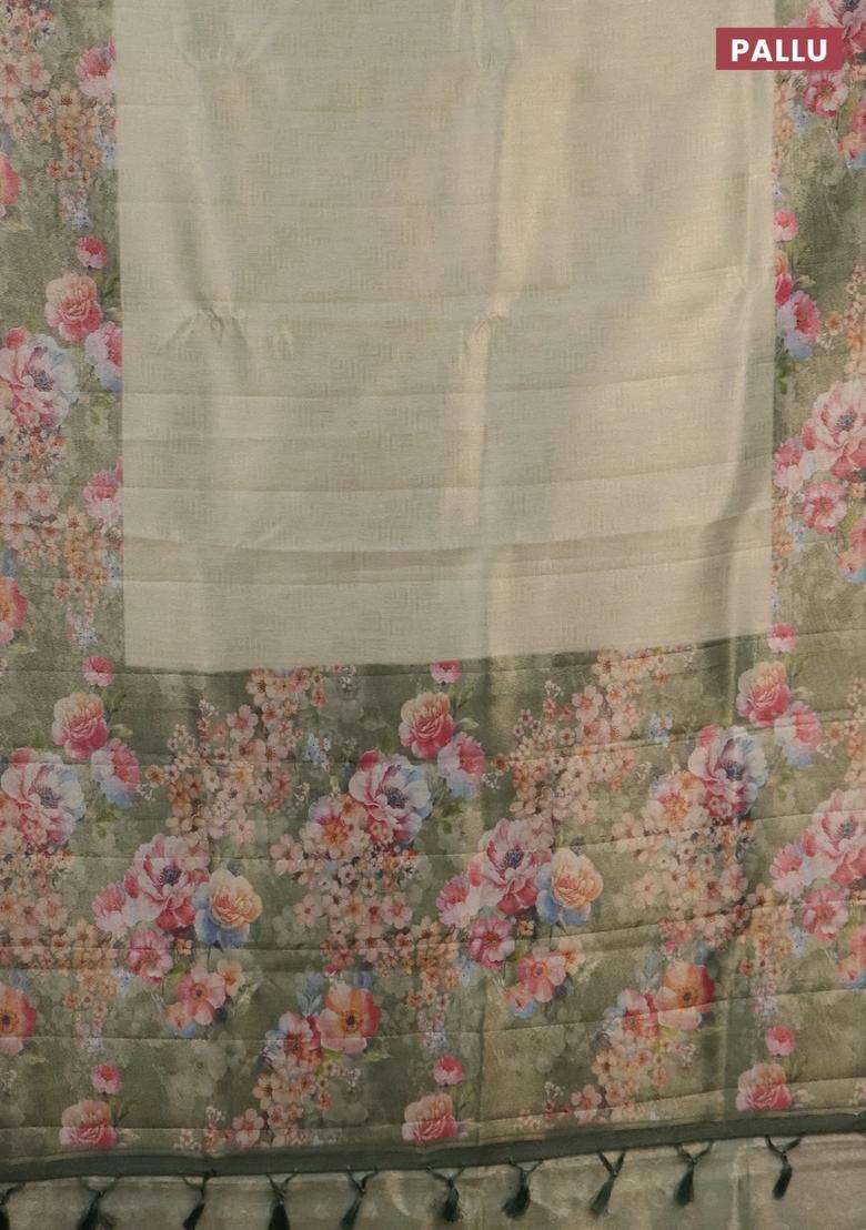 Tissue Saree Pastel Pista Green And Green Shade With Allover Zari Weaves And Floral Digital Printed Border For Women - Indya