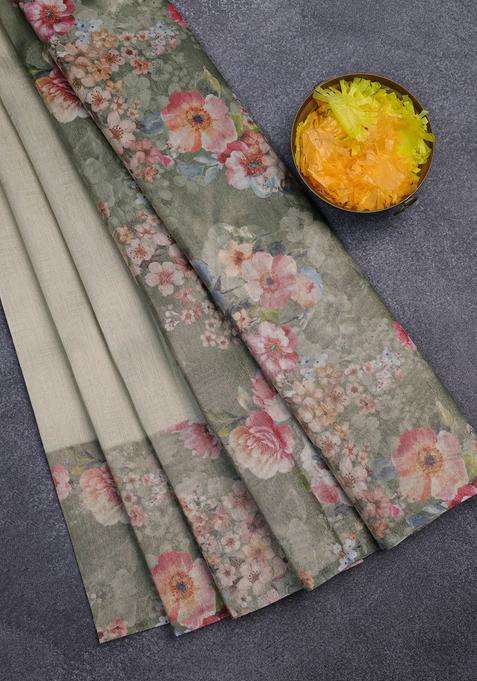 Tissue Saree Pastel Pista Green And Green Shade With Allover Zari Weaves And Floral Digital Printed Border For Women
