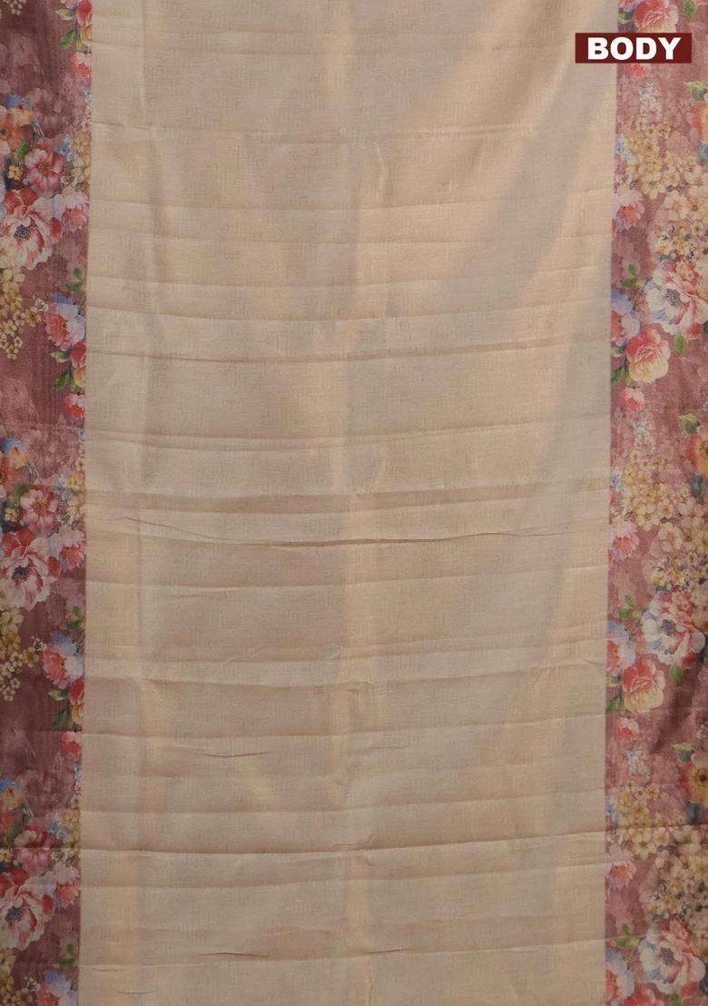 Tissue Saree Sandal And Pastel Brown With Allover Zari Weaves And Floral Digital Printed Border For Women - Indya