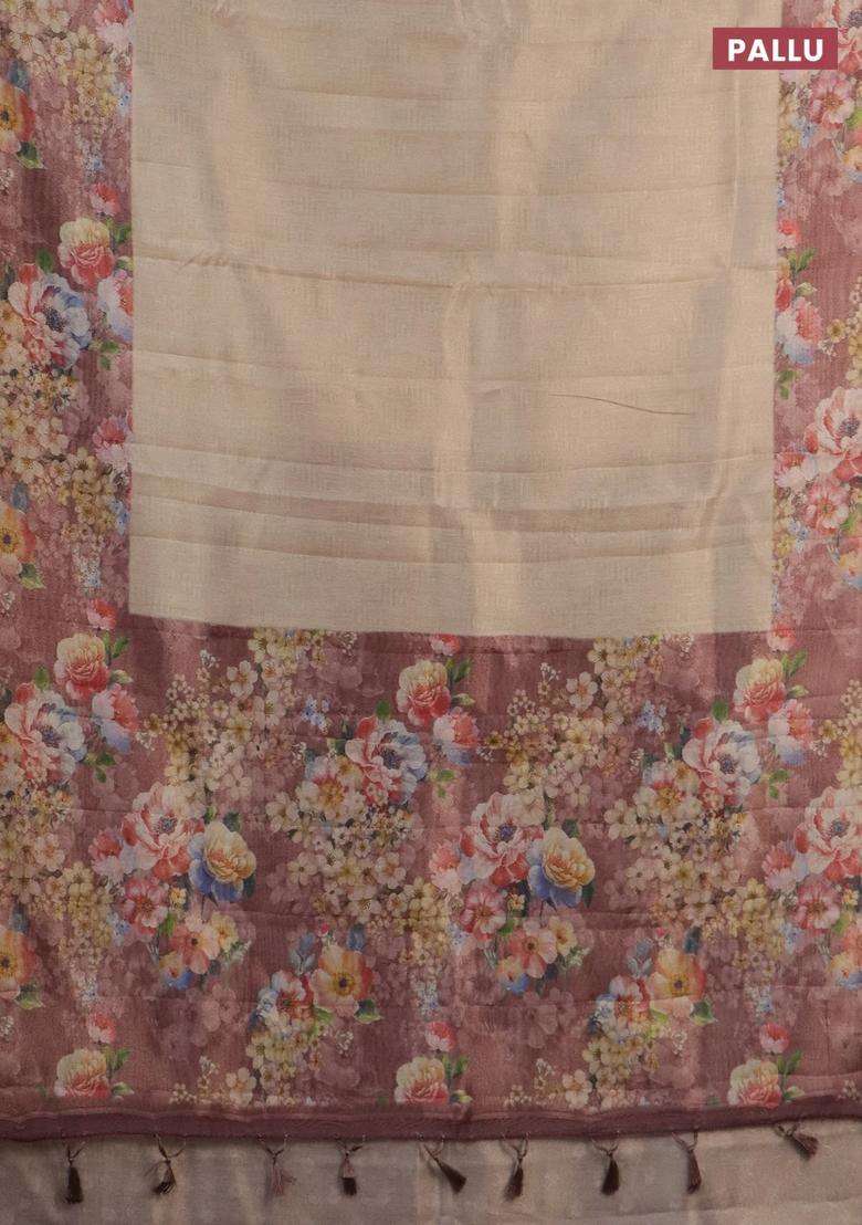 Tissue Saree Sandal And Pastel Brown With Allover Zari Weaves And Floral Digital Printed Border For Women - Indya