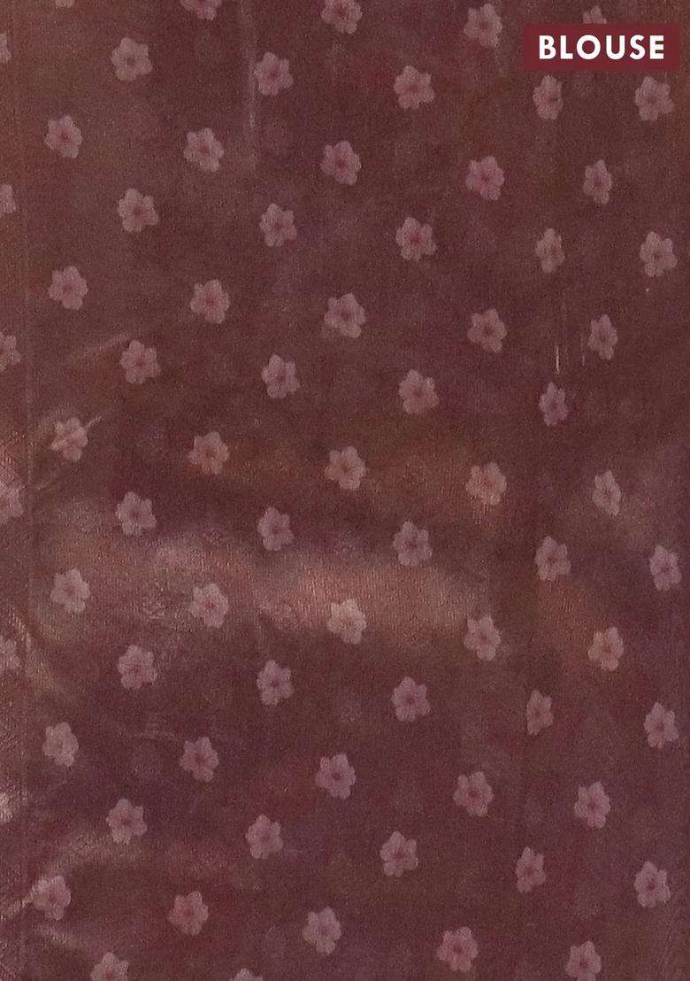 Tissue Saree Sandal And Pastel Brown With Allover Zari Weaves And Floral Digital Printed Border For Women - Indya