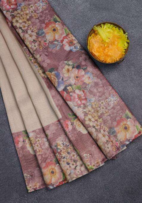 Tissue Saree Sandal And Pastel Brown With Allover Zari Weaves And Floral Digital Printed Border For Women