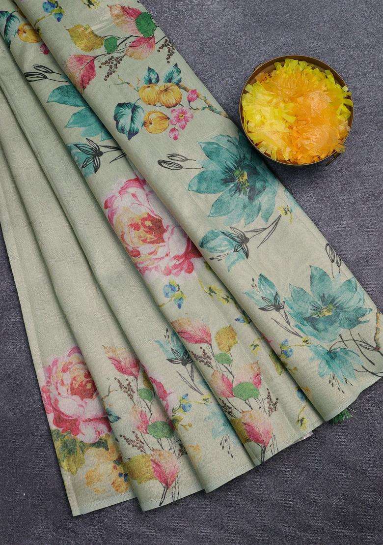 Tissue Saree Pista Green With Allover Zari Weaves And Digital Printed Border For Women - Indya