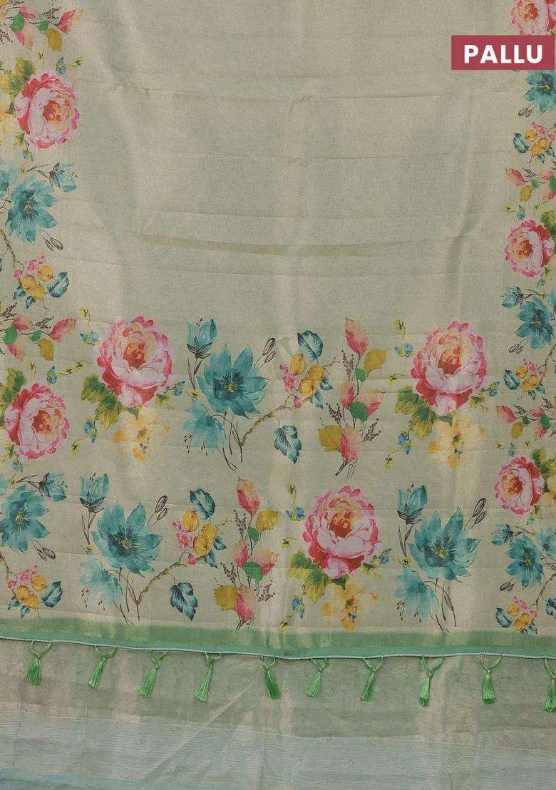 Tissue Saree Pista Green With Allover Zari Weaves And Digital Printed Border For Women - Indya