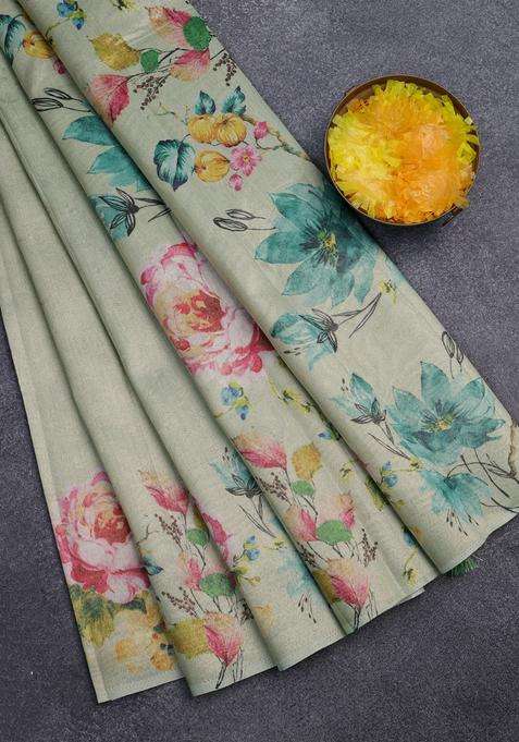 Tissue Saree Pista Green With Allover Zari Weaves And Digital Printed Border For Women