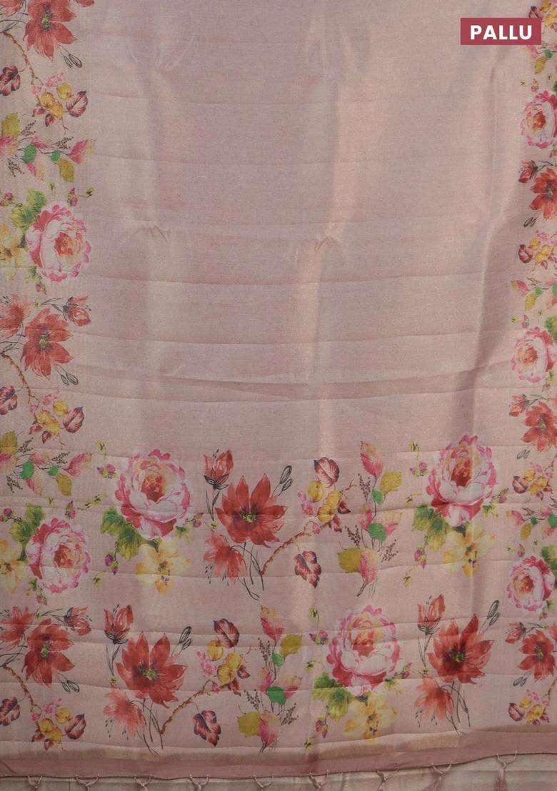 Tissue Saree Mild Peach With Allover Zari Weaves And Digital Printed Border For Women - Indya
