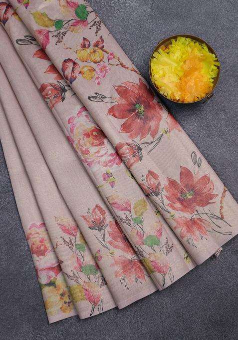 Tissue Saree Mild Peach With Allover Zari Weaves And Digital Printed Border For Women