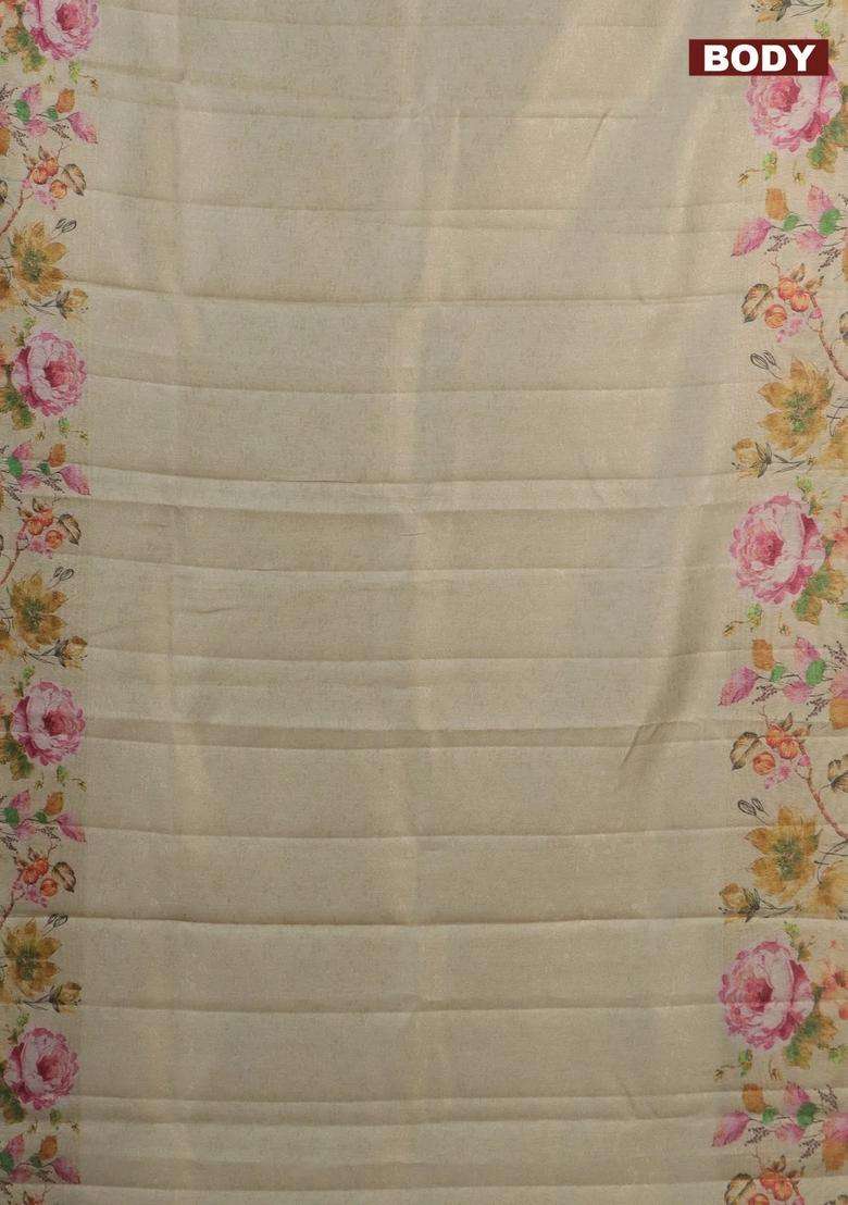 Tissue Saree Cream And Pastel Green With Allover Zari Weaves And Digital Printed Border For Women - Indya