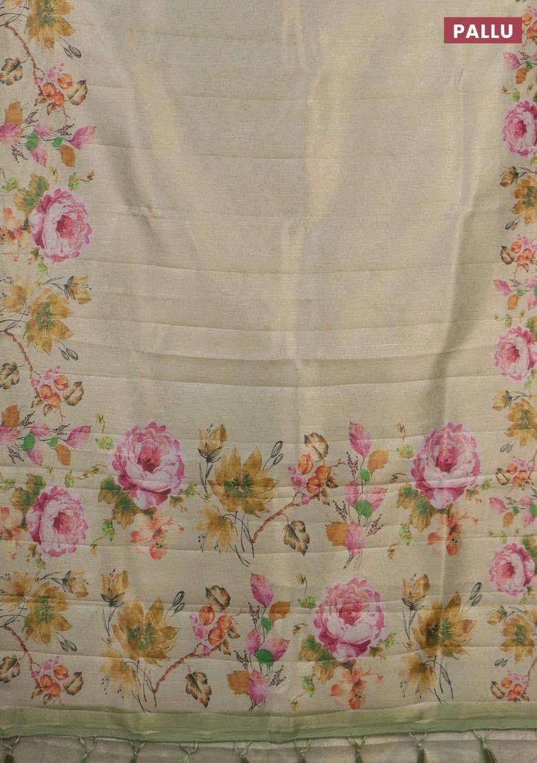 Tissue Saree Cream And Pastel Green With Allover Zari Weaves And Digital Printed Border For Women - Indya