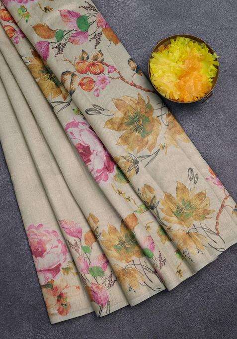 Tissue Saree Cream And Pastel Green With Allover Zari Weaves And Digital Printed Border For Women