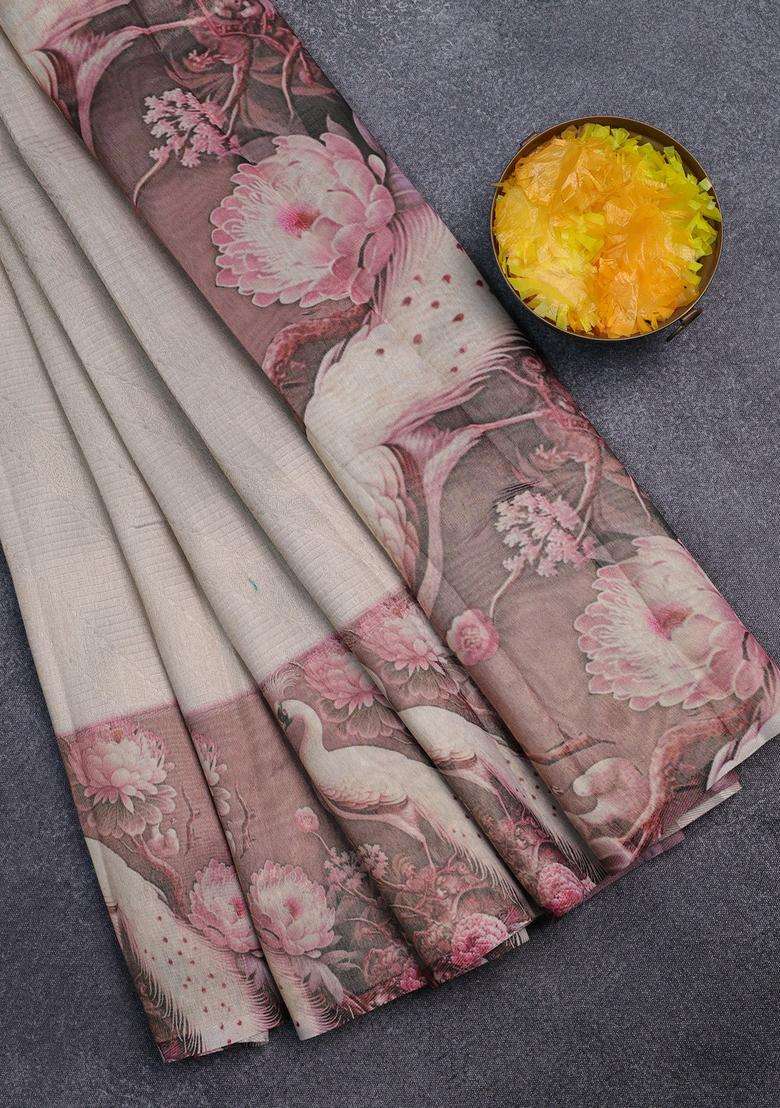 Tissue Saree Cream And Pastel Pink With Allover Zari Weaves And Floral Digital Printed Border For Women - Indya