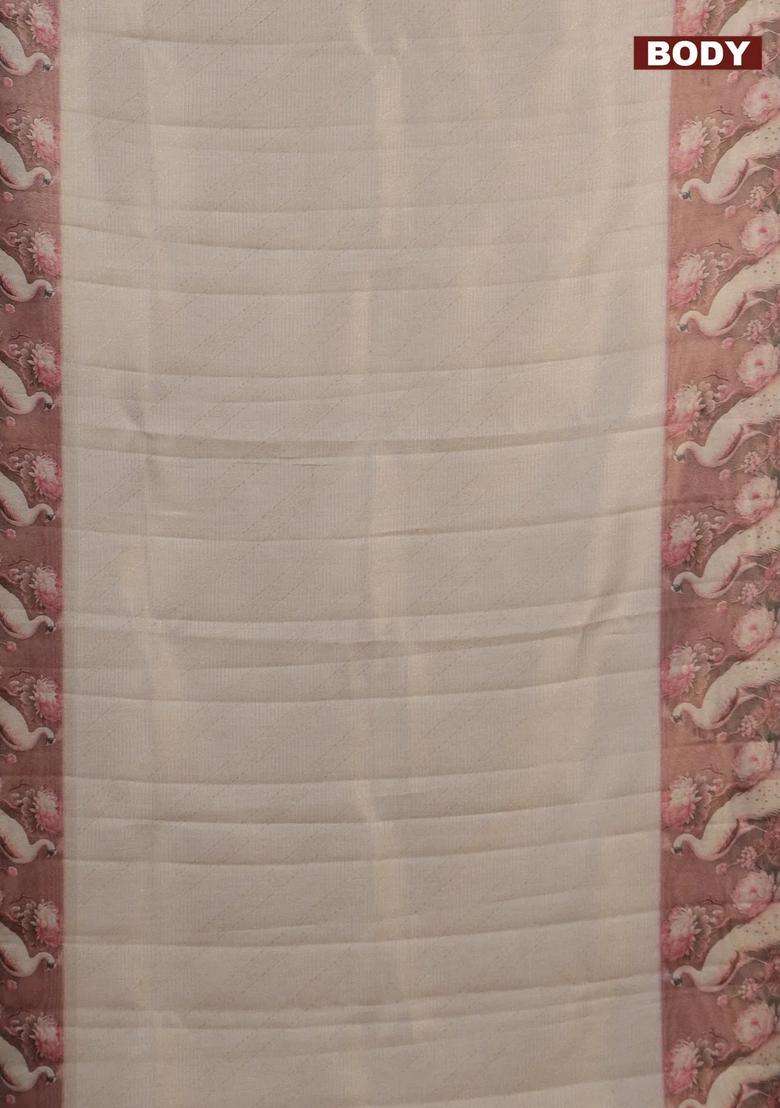 Tissue Saree Cream And Pastel Pink With Allover Zari Weaves And Floral Digital Printed Border For Women - Indya