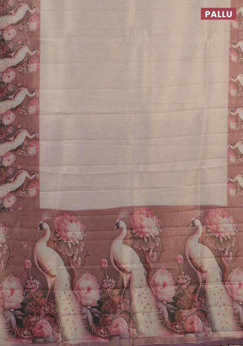 Tissue Saree Cream And Pastel Pink With Allover Zari Weaves And Floral Digital Printed Border For Women - Indya