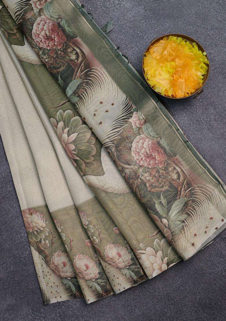 Tissue Saree Cream And Sap Green With Allover Zari Weaves And Floral Digital Printed Border For Women - Indya
