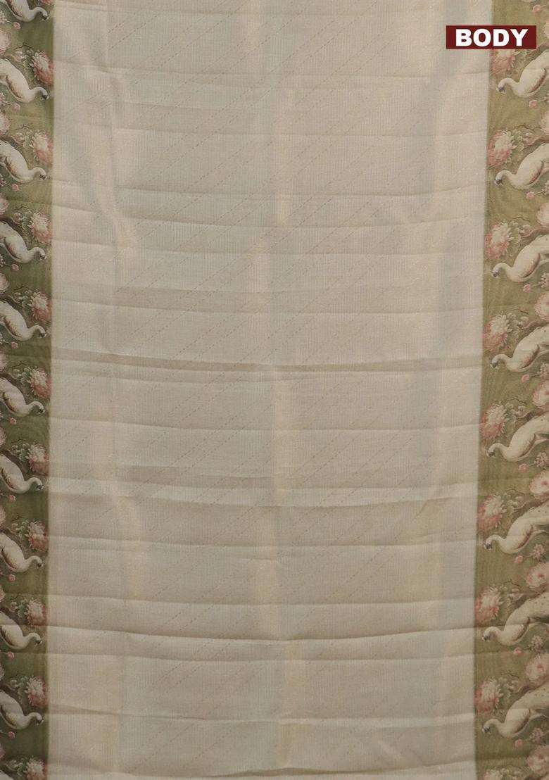 Tissue Saree Cream And Sap Green With Allover Zari Weaves And Floral Digital Printed Border For Women - Indya