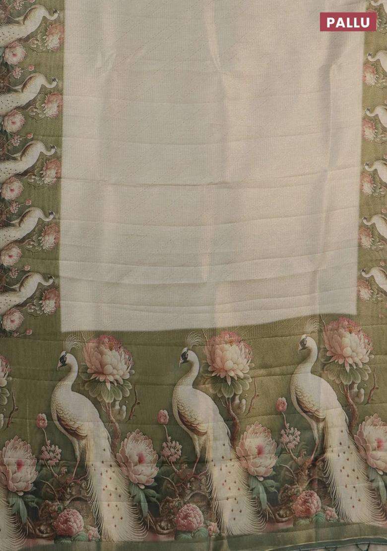 Tissue Saree Cream And Sap Green With Allover Zari Weaves And Floral Digital Printed Border For Women - Indya