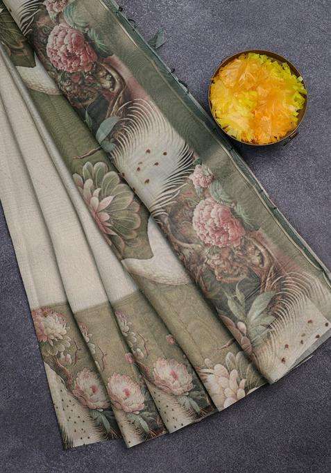 Tissue Saree Cream And Sap Green With Allover Zari Weaves And Floral Digital Printed Border For Women