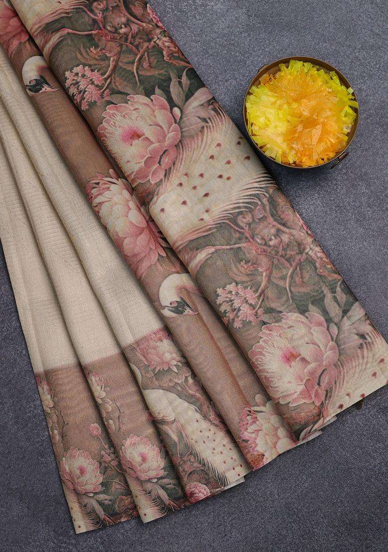 Tissue Saree Cream And Peach Shade With Allover Zari Weaves And Floral Digital Printed Border For Women - Indya
