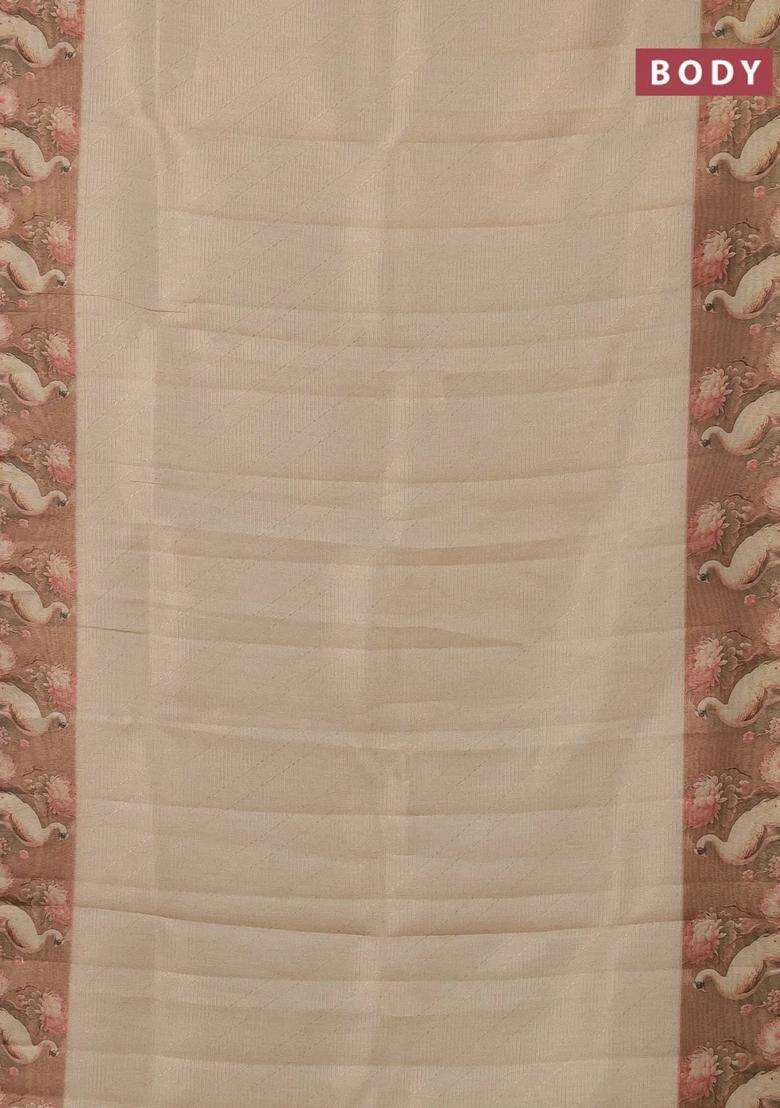 Tissue Saree Cream And Peach Shade With Allover Zari Weaves And Floral Digital Printed Border For Women - Indya