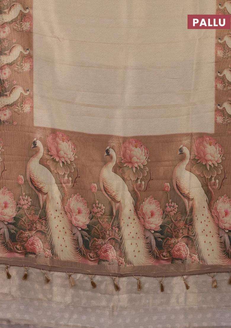 Tissue Saree Cream And Peach Shade With Allover Zari Weaves And Floral Digital Printed Border For Women - Indya