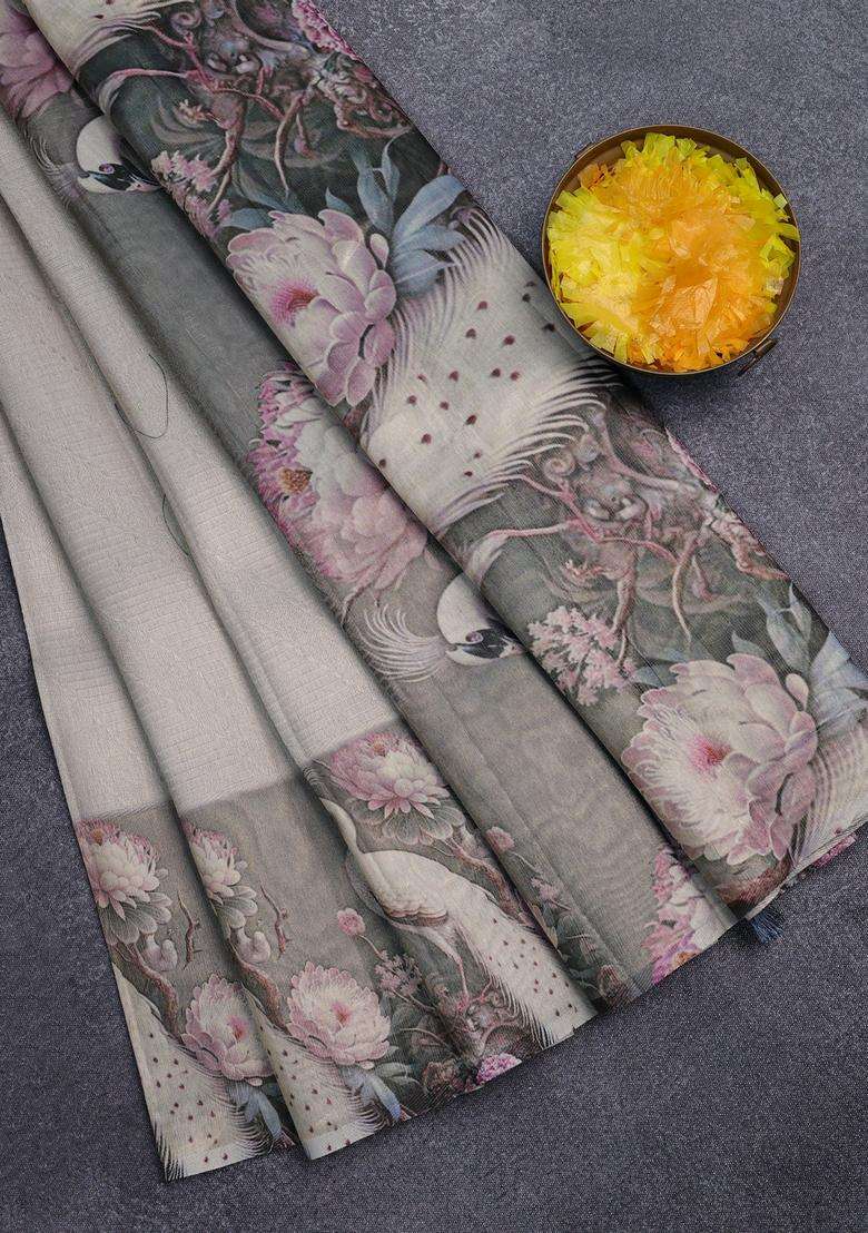 Tissue Saree Pastel Grey And Grey With Allover Zari Weaves And Floral Digital Printed Border For Women - Indya