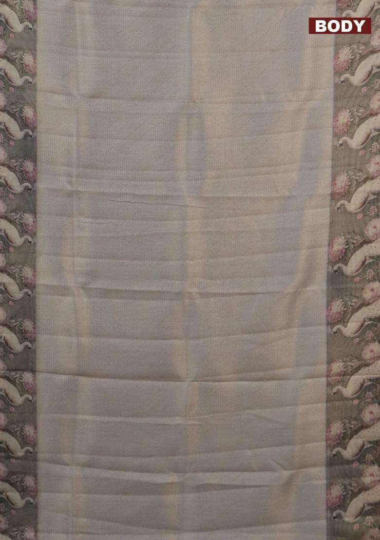 Tissue Saree Pastel Grey And Grey With Allover Zari Weaves And Floral Digital Printed Border For Women - Indya