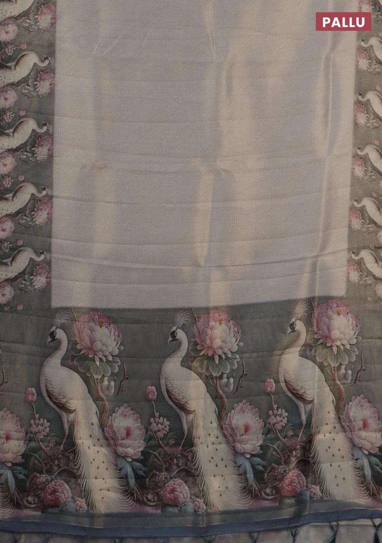 Tissue Saree Pastel Grey And Grey With Allover Zari Weaves And Floral Digital Printed Border For Women - Indya
