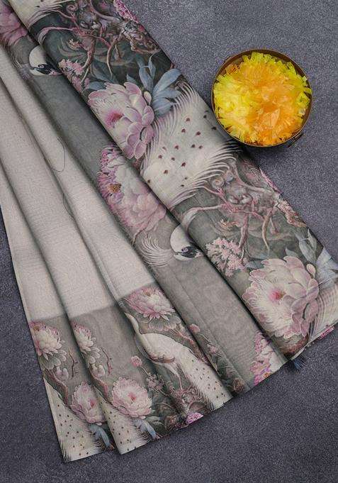 Tissue Saree Pastel Grey And Grey With Allover Zari Weaves And Floral Digital Printed Border For Women