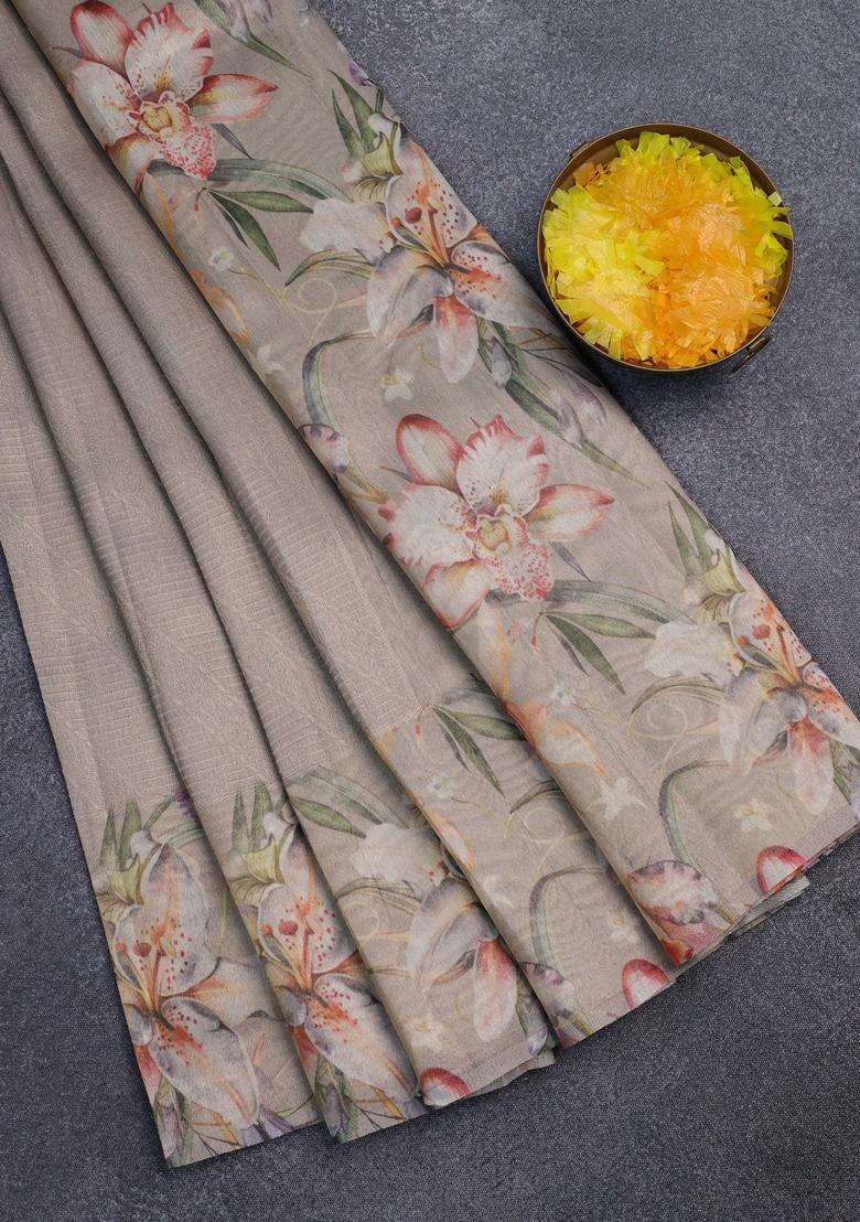 Tissue Saree Dark Beige With Allover Zari Weaves And Floral Digital Printed Border For Women - Indya
